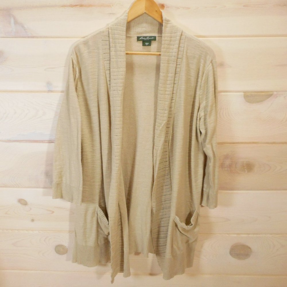 Eddie Bauer XL Beige Tan Open Front Cardigan Sweater Pockets 100% Cotton Neutral